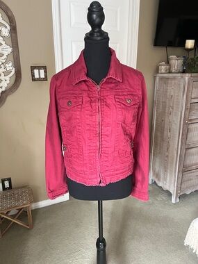 one world women's raspberry pink Zip-Front denim jacket